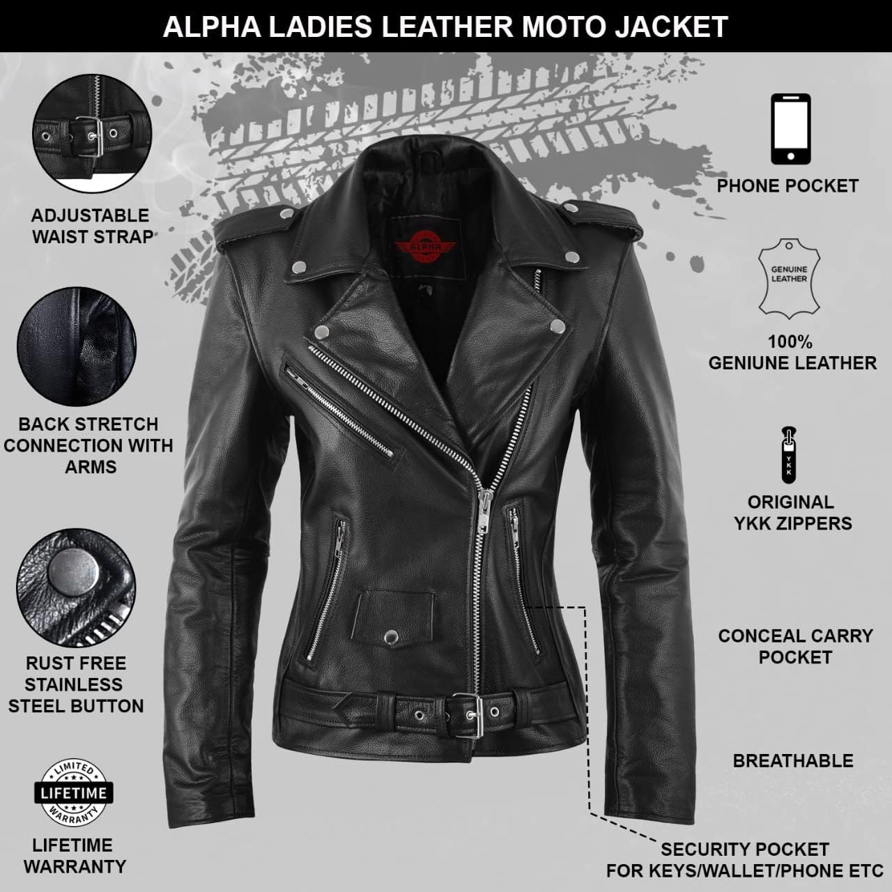 ALPHA CYCLE GEAR Womens Leather motorcycle Jacket For Ladies Brando Cafe Rider Classic Jackets