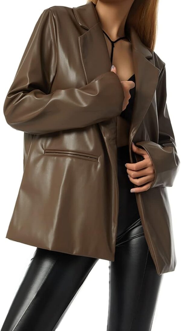 BHMAWSRT Womens Leather Blazer Coat, Long Sleeve Lapel Faux PU Leather Jacket Button Front Trench Coat