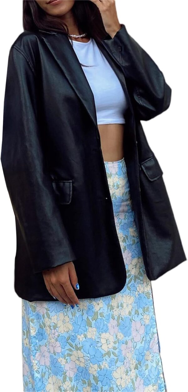 BHMAWSRT Womens Leather Blazer Coat, Long Sleeve Lapel Faux PU Leather Jacket Button Front Trench Coat