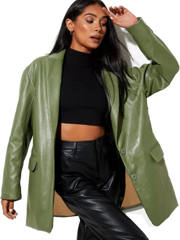 BHMAWSRT Womens Leather Blazer Coat, Long Sleeve Lapel Faux PU Leather Jacket Button Front Trench Coat