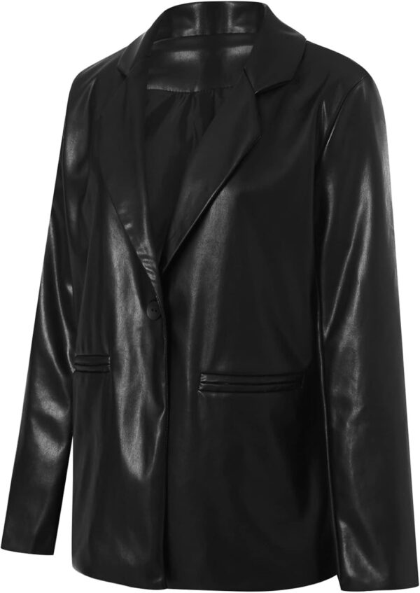 BHMAWSRT Womens Leather Blazer Coat, Long Sleeve Lapel Faux PU Leather Jacket Button Front Trench Coat