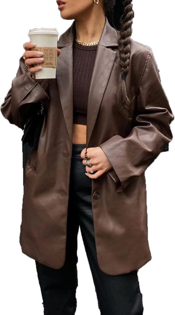 BHMAWSRT Womens Leather Blazer Coat, Long Sleeve Lapel Faux PU Leather Jacket Button Front Trench Coat