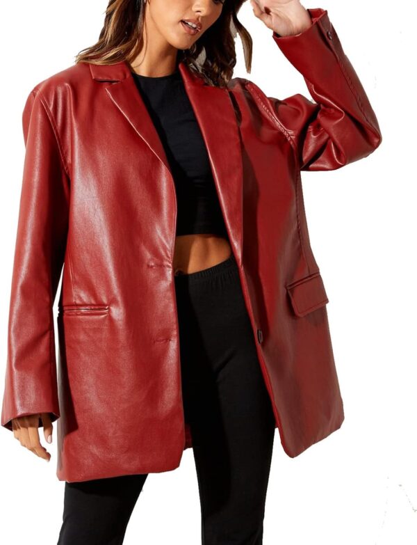 BHMAWSRT Womens Leather Blazer Coat, Long Sleeve Lapel Faux PU Leather Jacket Button Front Trench Coat