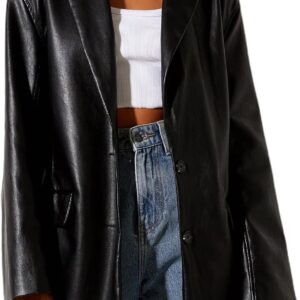 BHMAWSRT Womens Leather Blazer Coat, Long Sleeve Lapel Faux PU Leather Jacket Button Front Trench Coat