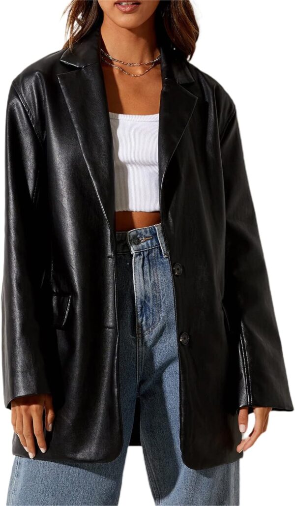 BHMAWSRT Womens Leather Blazer Coat, Long Sleeve Lapel Faux PU Leather Jacket Button Front Trench Coat