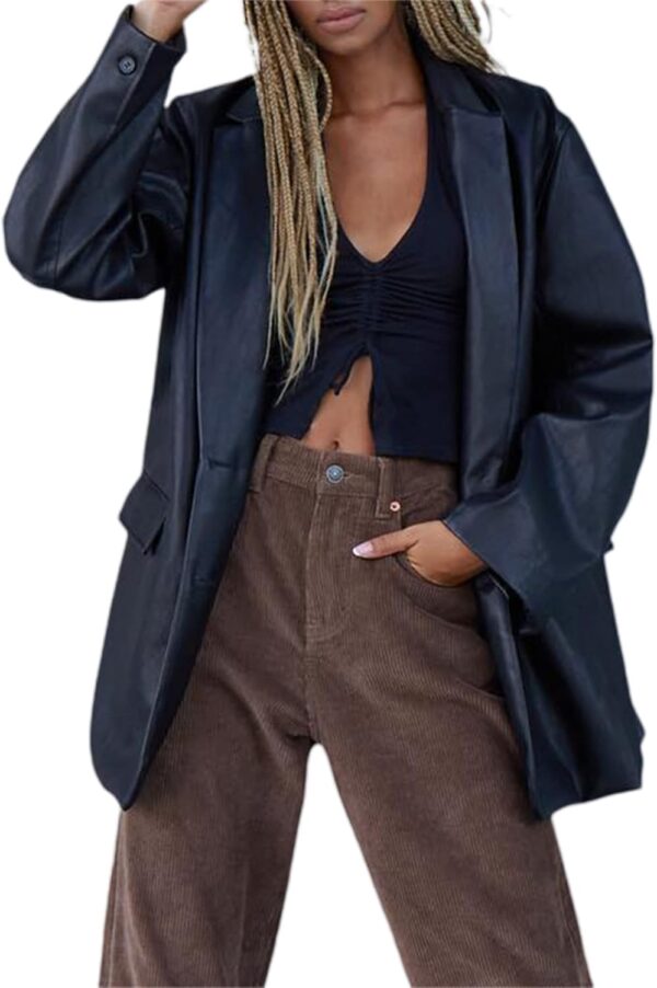 BHMAWSRT Womens Leather Blazer Coat, Long Sleeve Lapel Faux PU Leather Jacket Button Front Trench Coat