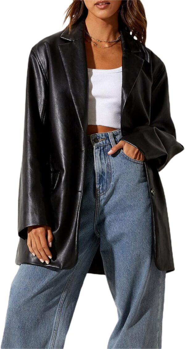 BHMAWSRT Womens Leather Blazer Coat, Long Sleeve Lapel Faux PU Leather Jacket Button Front Trench Coat