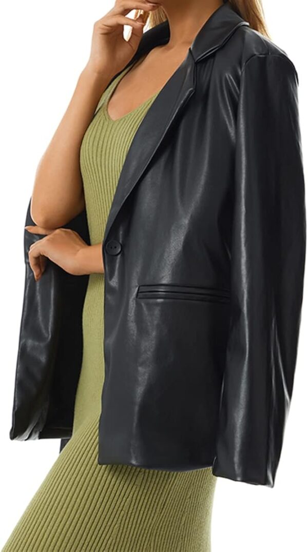 BHMAWSRT Womens Leather Blazer Coat, Long Sleeve Lapel Faux PU Leather Jacket Button Front Trench Coat