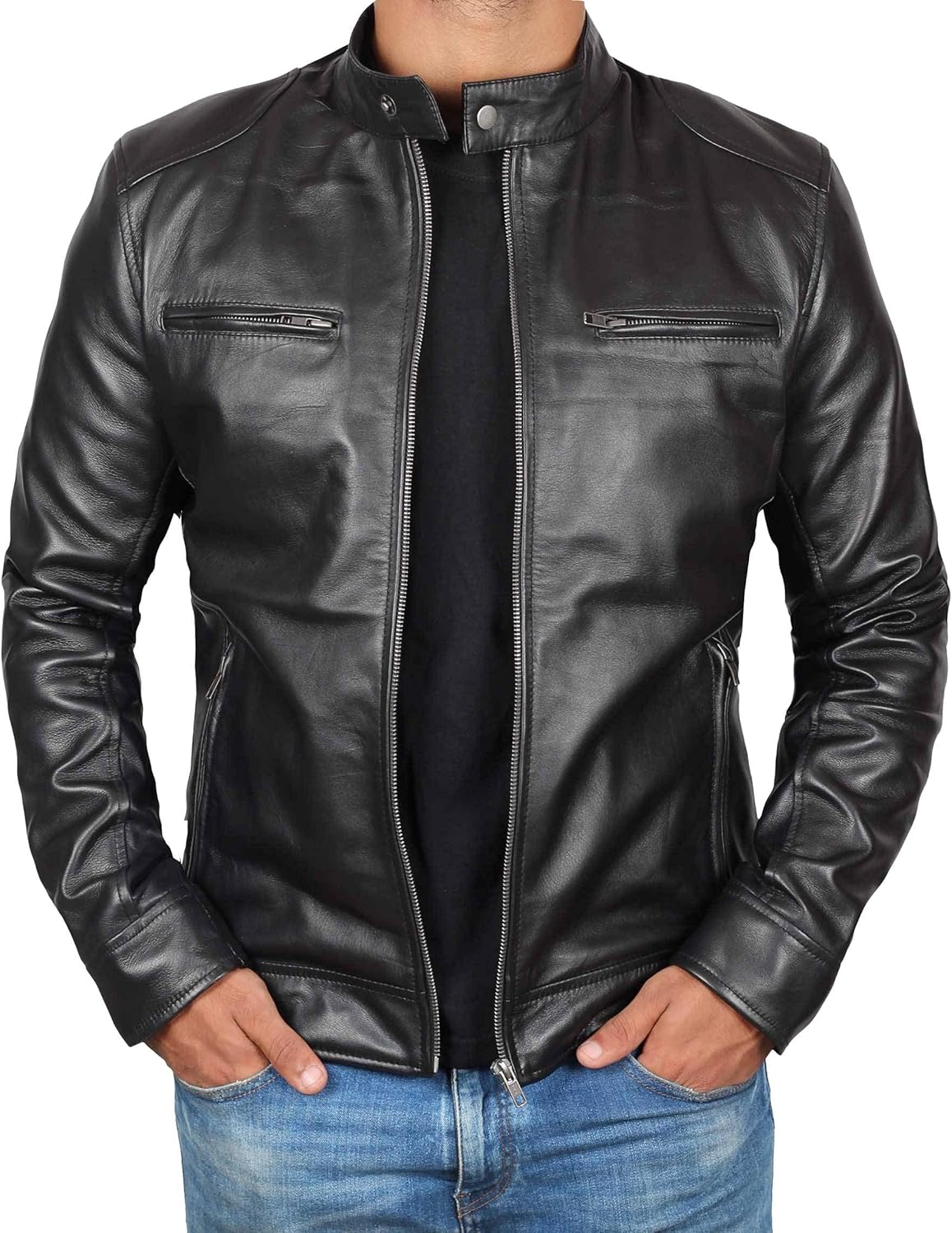 Blingsoul Genuine Black Leather Jacket Men - Real Lambskin Motorcycle Mens Leather Jackets