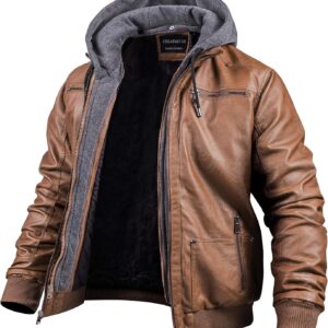 CREATMO US Men's Faux Leather Jacket Motorcycle Jacket Waterproof Windproof PU Moto Vintage Bomber Hoodie with Removable Hood