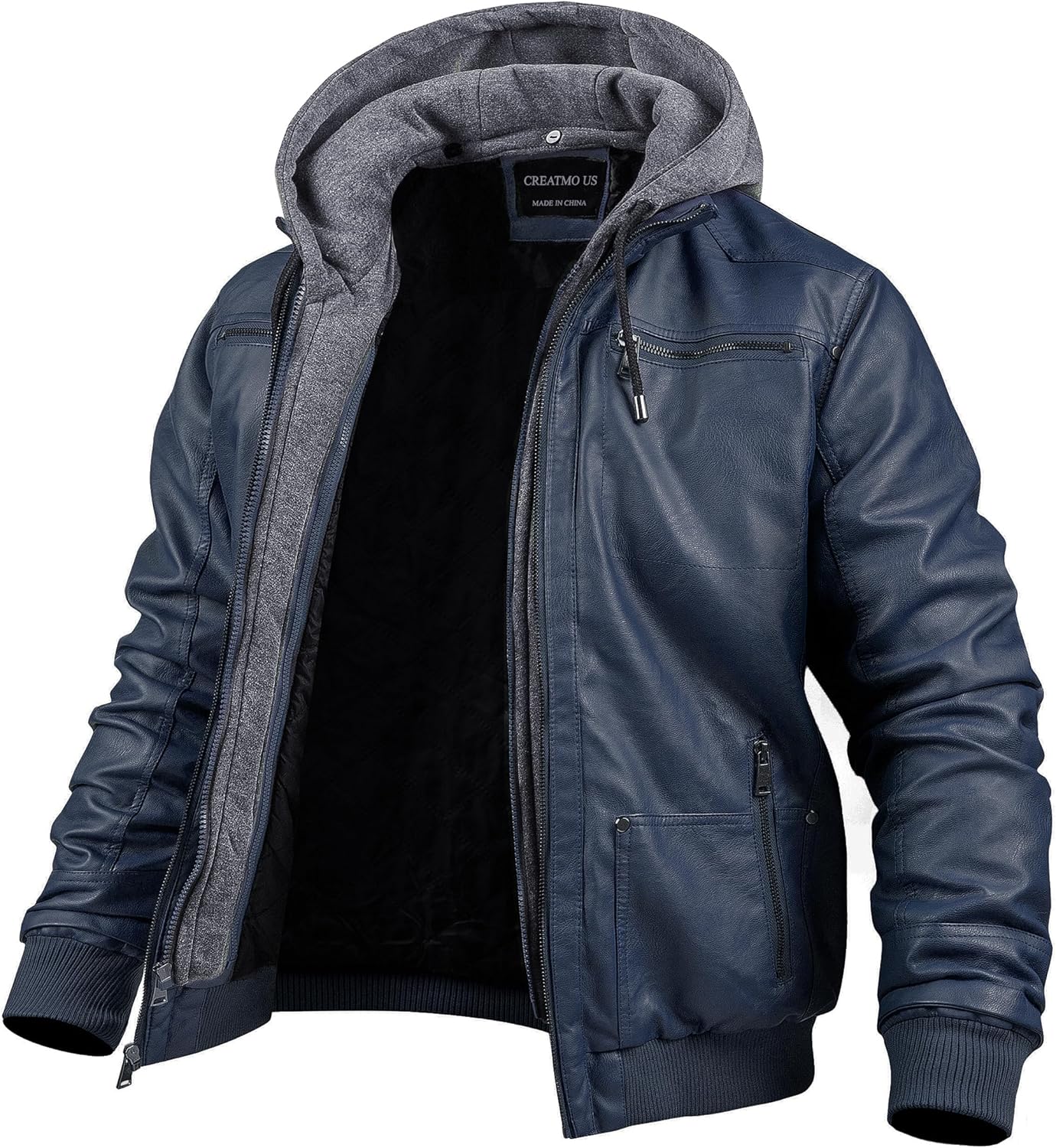 CREATMO US Men's Faux Leather Jacket Motorcycle Jacket Waterproof Windproof PU Moto Vintage Bomber Hoodie with Removable Hood