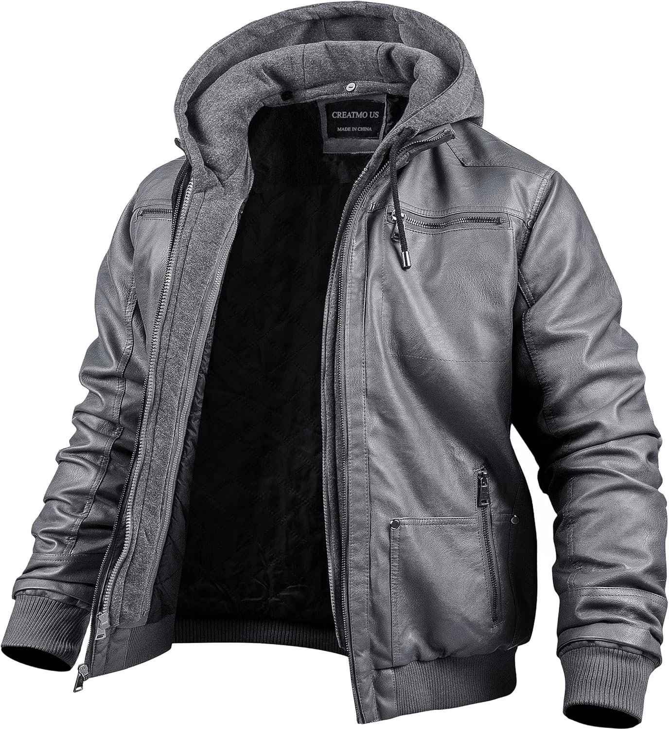 CREATMO US Men's Faux Leather Jacket Motorcycle Jacket Waterproof Windproof PU Moto Vintage Bomber Hoodie with Removable Hood