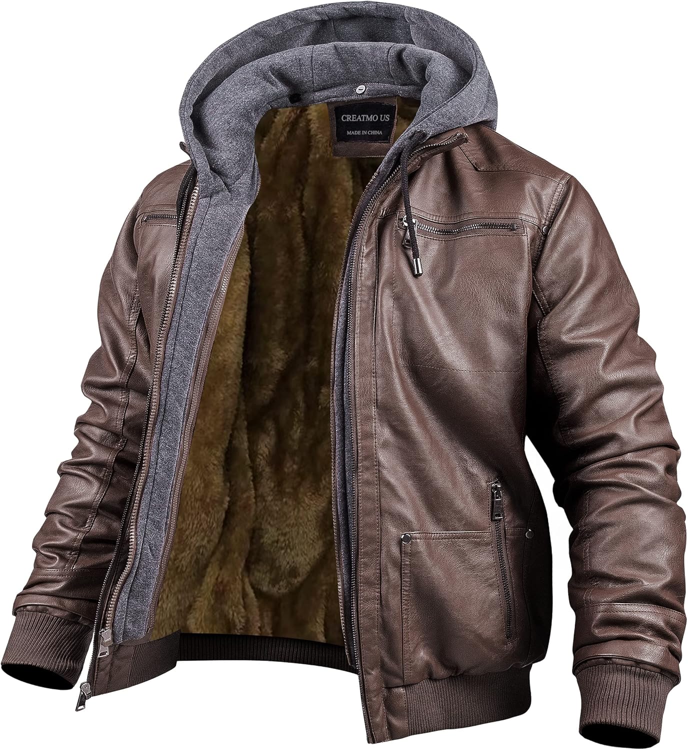 CREATMO US Men's Faux Leather Jacket Motorcycle Jacket Waterproof Windproof PU Moto Vintage Bomber Hoodie with Removable Hood