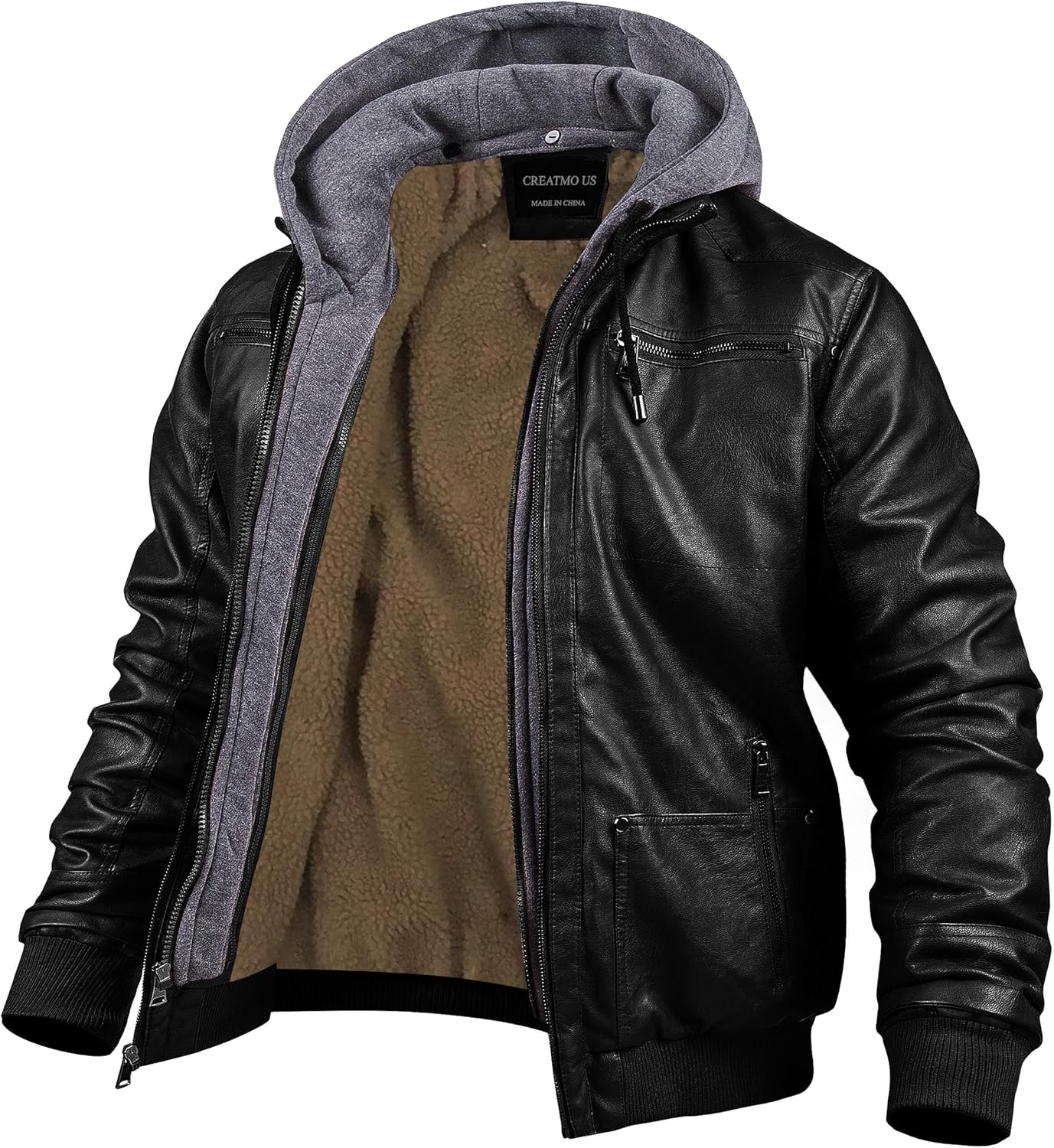 CREATMO US Men's Faux Leather Jacket Motorcycle Jacket Waterproof Windproof PU Moto Vintage Bomber Hoodie with Removable Hood