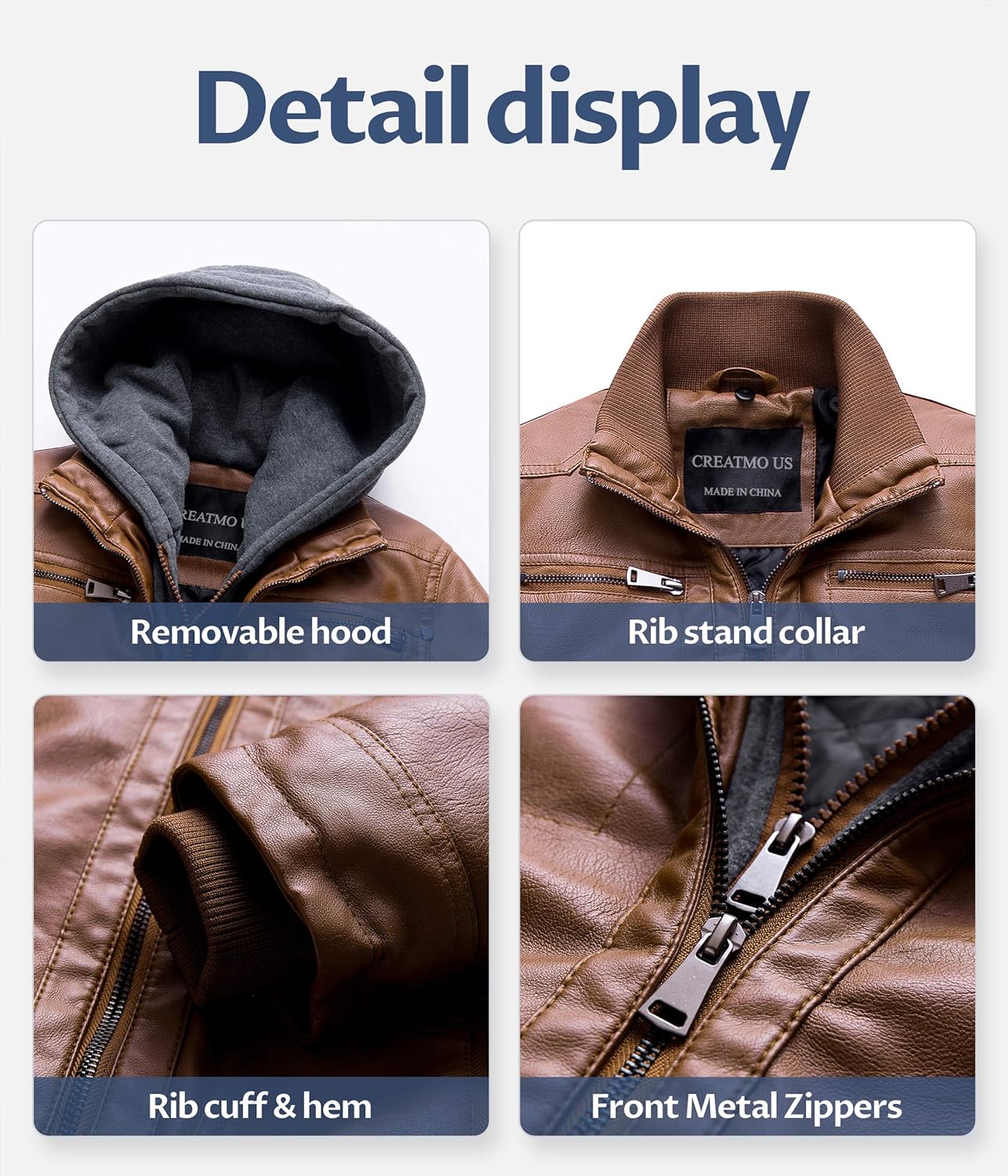 CREATMO US Men's Faux Leather Jacket Motorcycle Jacket Waterproof Windproof PU Moto Vintage Bomber Hoodie with Removable Hood