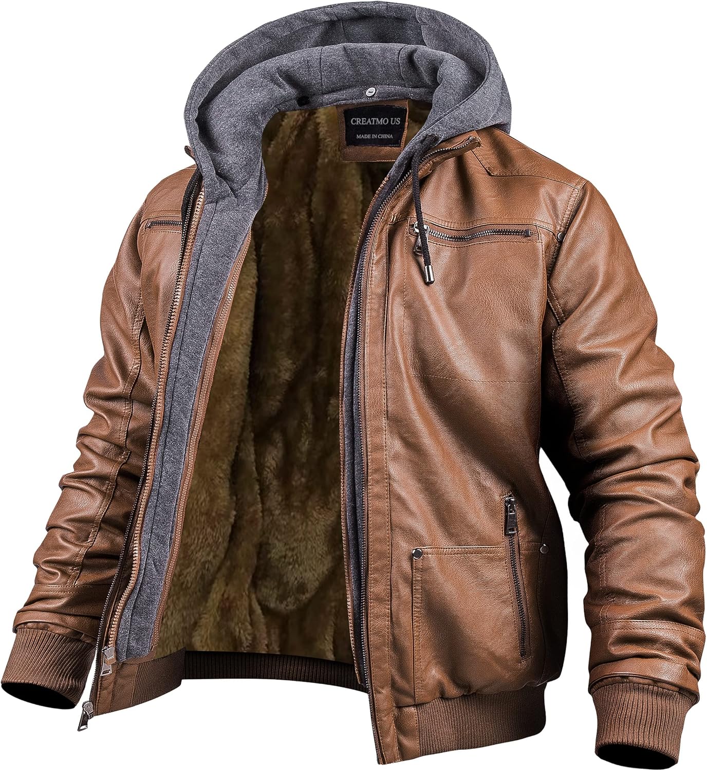 CREATMO US Men's Faux Leather Jacket Motorcycle Jacket Waterproof Windproof PU Moto Vintage Bomber Hoodie with Removable Hood