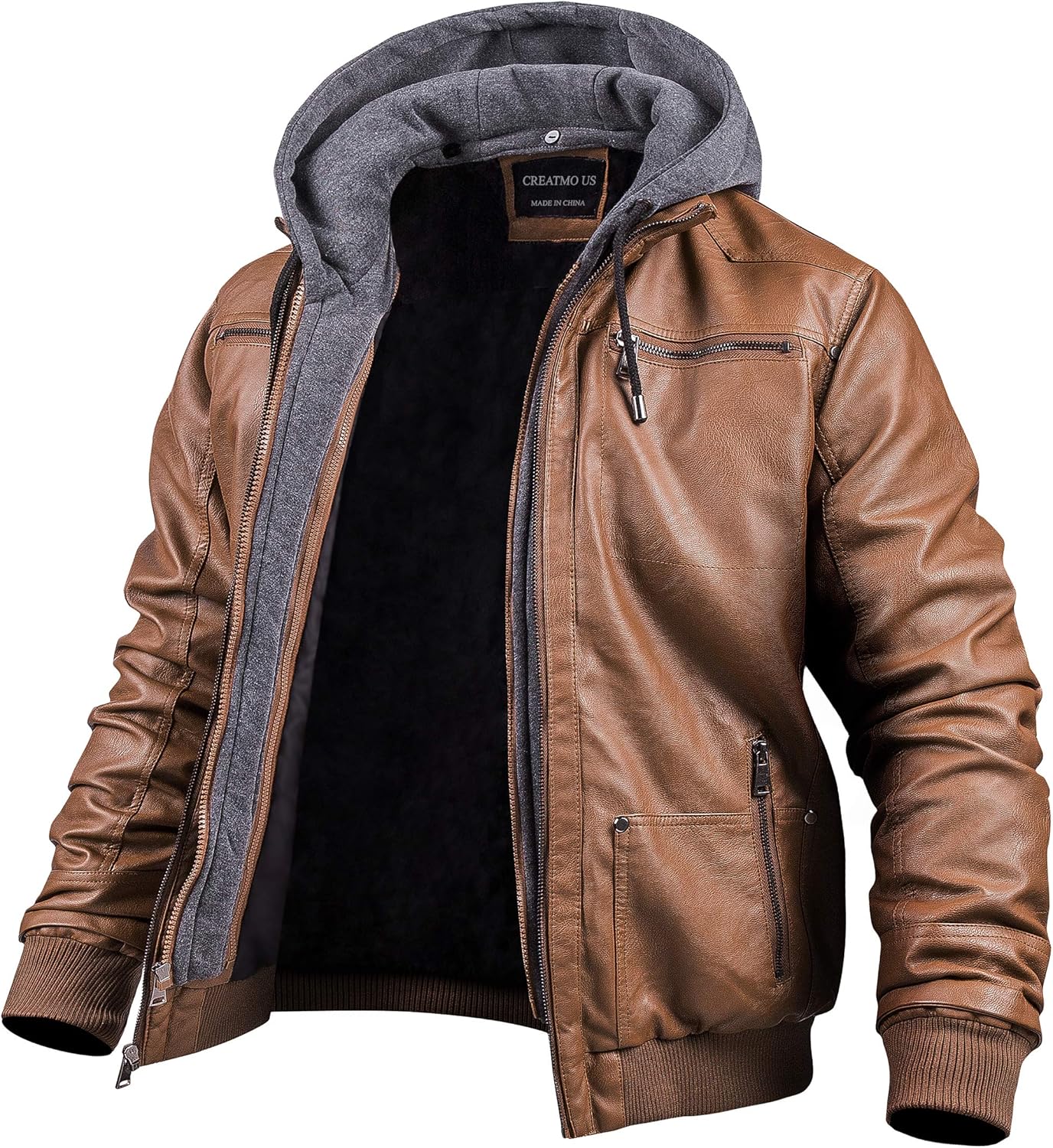 CREATMO US Men's Faux Leather Jacket Motorcycle Jacket Waterproof Windproof PU Moto Vintage Bomber Hoodie with Removable Hood