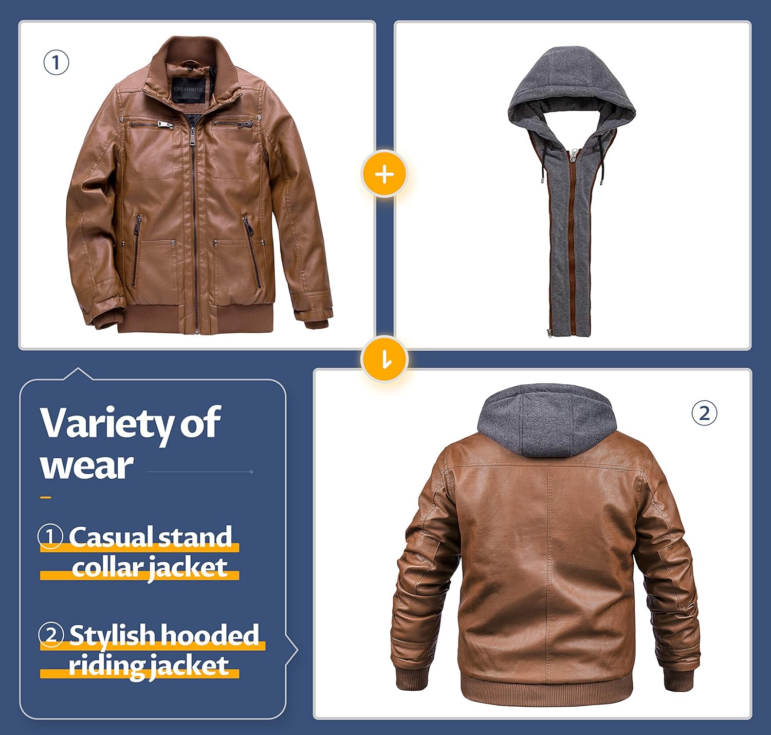 CREATMO US Men's Faux Leather Jacket Motorcycle Jacket Waterproof Windproof PU Moto Vintage Bomber Hoodie with Removable Hood