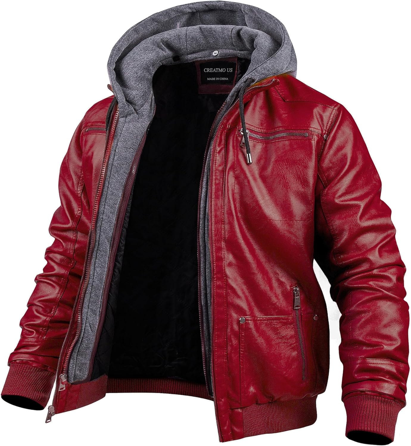 CREATMO US Men's Faux Leather Jacket Motorcycle Jacket Waterproof Windproof PU Moto Vintage Bomber Hoodie with Removable Hood