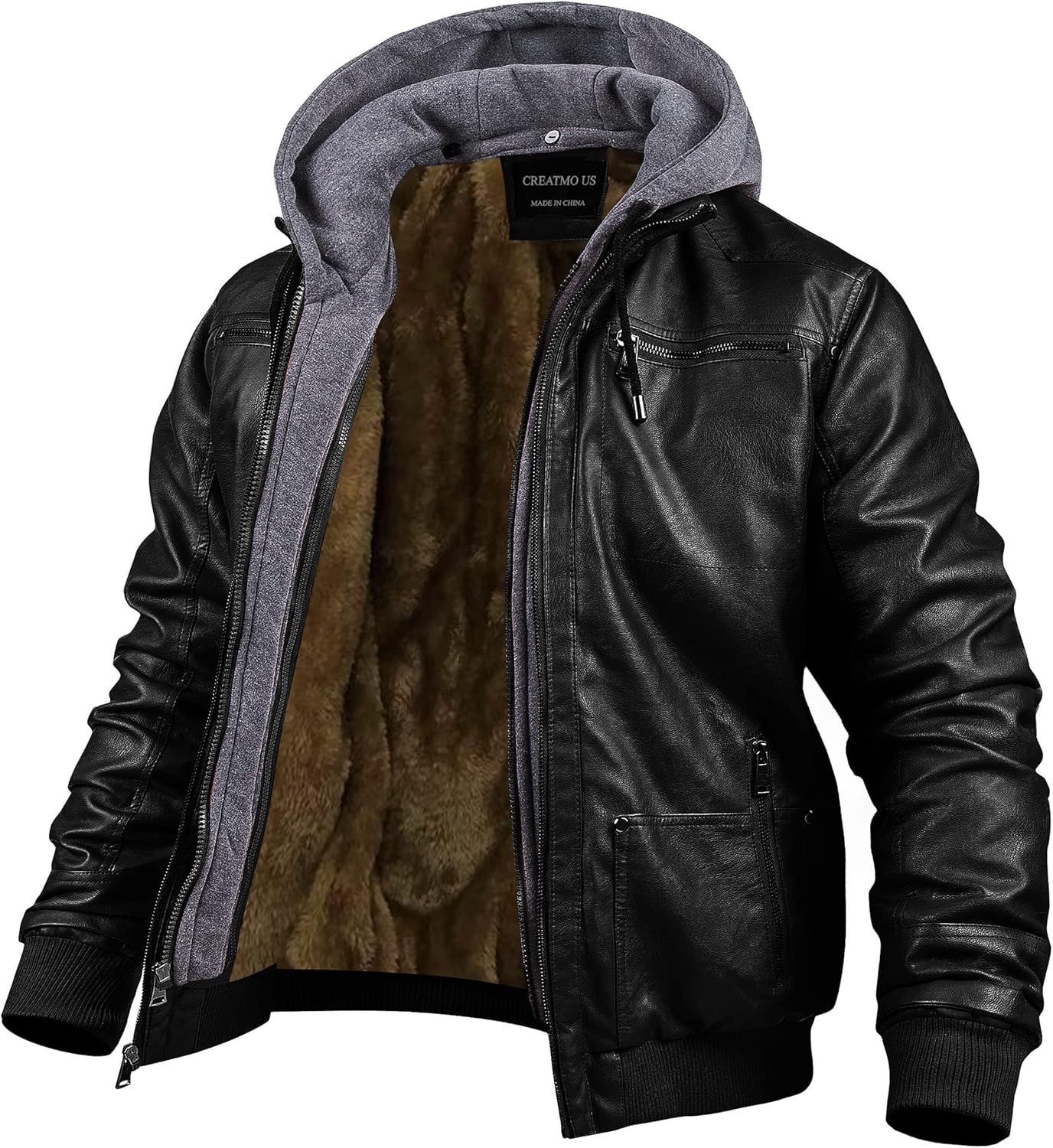 CREATMO US Men's Faux Leather Jacket Motorcycle Jacket Waterproof Windproof PU Moto Vintage Bomber Hoodie with Removable Hood