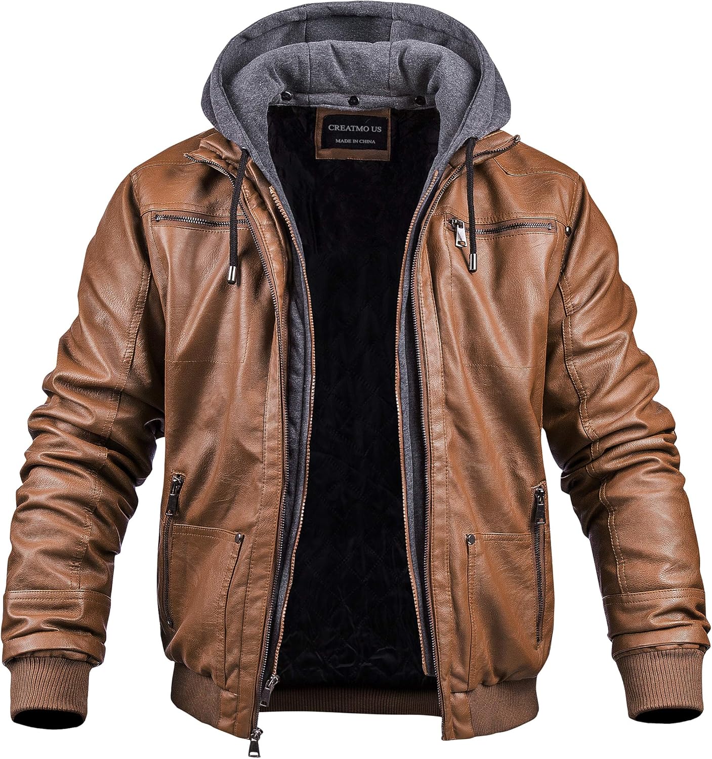 CREATMO US Men's Faux Leather Jacket Motorcycle Jacket Waterproof Windproof PU Moto Vintage Bomber Hoodie with Removable Hood