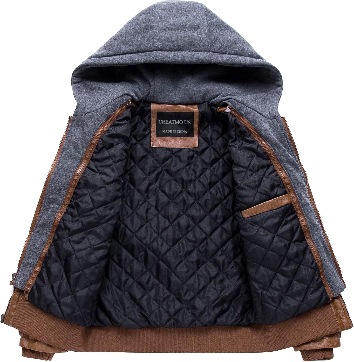 CREATMO US Men's Faux Leather Jacket Motorcycle Jacket Waterproof Windproof PU Moto Vintage Bomber Hoodie with Removable Hood