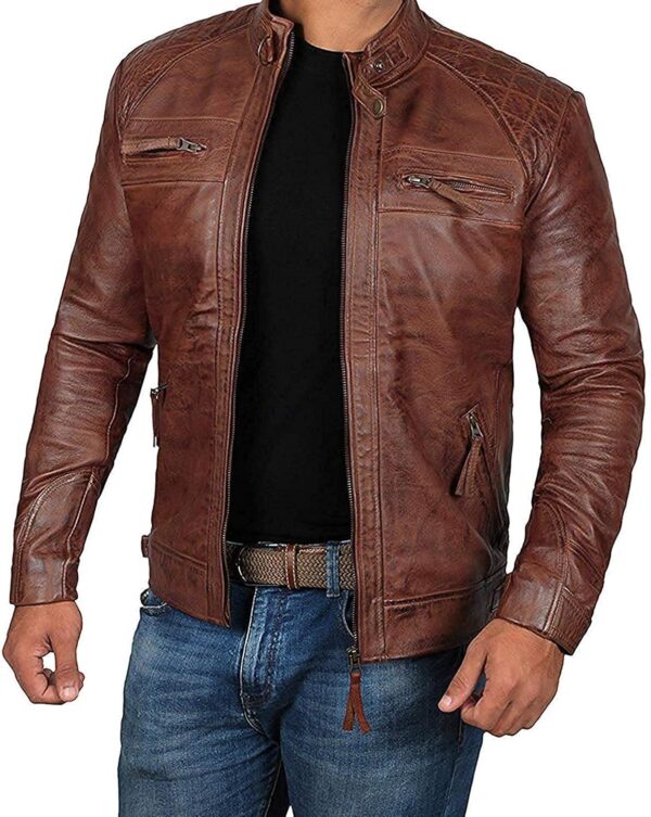 Decrum Brown Leather Jacket Mens - Cafe Racer Real Lambskin Leather Distressed Motorcycle Jacket