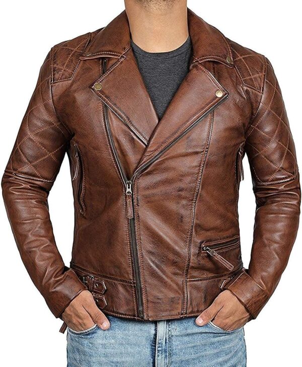 Decrum Brown Leather Jacket Mens - Cafe Racer Real Lambskin Leather Distressed Motorcycle Jacket