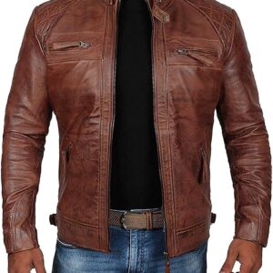 Decrum Brown Leather Jacket Mens - Cafe Racer Real Lambskin Leather Distressed Motorcycle Jacket
