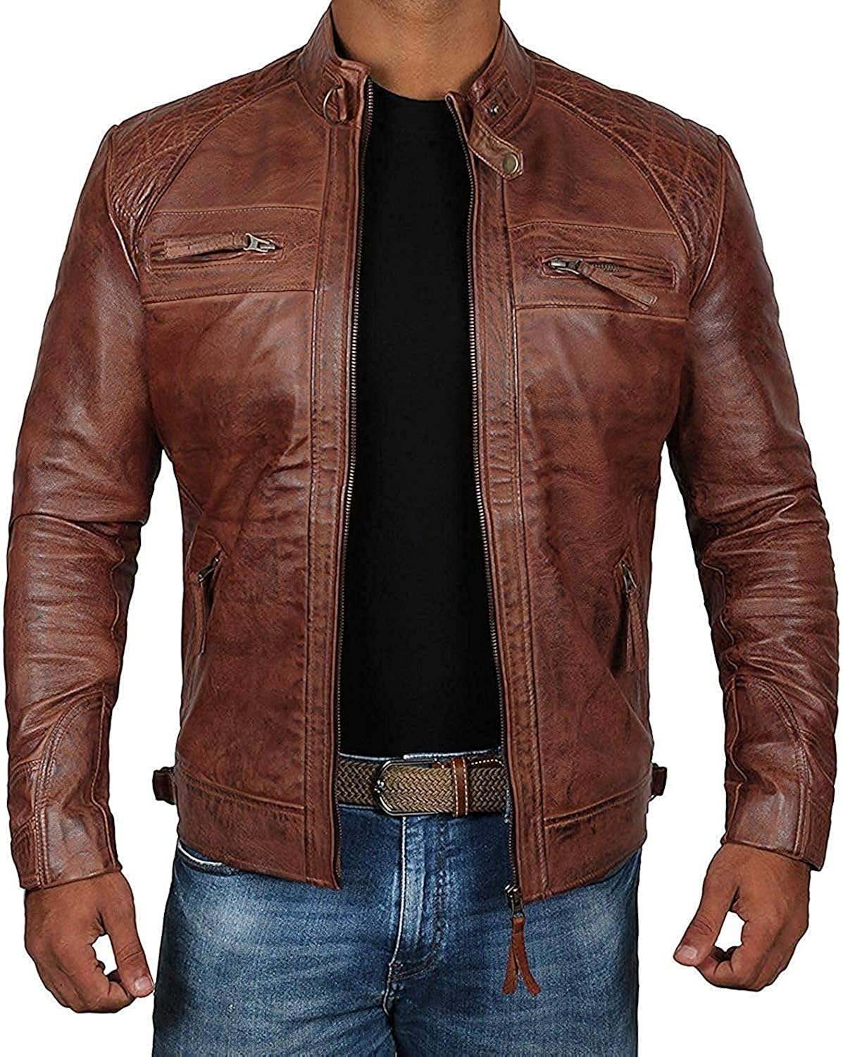 Decrum Brown Leather Jacket Mens - Cafe Racer Real Lambskin Leather Distressed Motorcycle Jacket