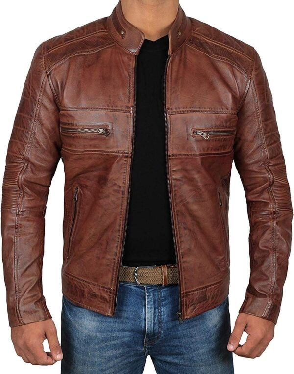 Decrum Brown Leather Jacket Mens - Cafe Racer Real Lambskin Leather Distressed Motorcycle Jacket