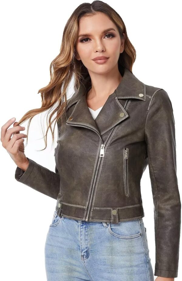 DIASHINY Faux Leather Jacket For Women Crop Short Cropped PU Slim Zip Up Moto Biker Coat Motorcycle Jackets