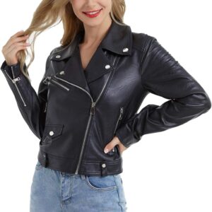DIASHINY Faux Leather Jacket For Women Crop Short Cropped PU Slim Zip Up Moto Biker Coat Motorcycle Jackets