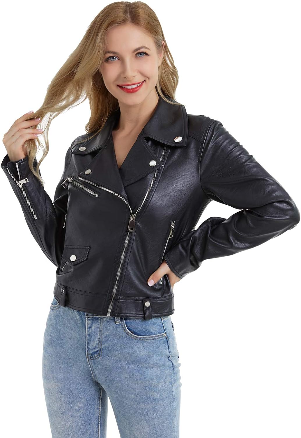 DIASHINY Faux Leather Jacket For Women Crop Short Cropped PU Slim Zip Up Moto Biker Coat Motorcycle Jackets