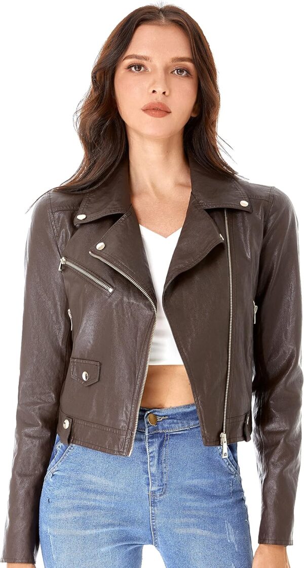 DIASHINY Faux Leather Jacket For Women Crop Short Cropped PU Slim Zip Up Moto Biker Coat Motorcycle Jackets