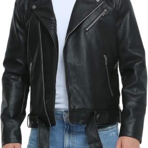 Fahsyee Leather Jackets for Men, Faux Bomber Jacket Men Motorcycle Lapel Asymmetric Zip-Up Blet Slim Fit Biker Coat
