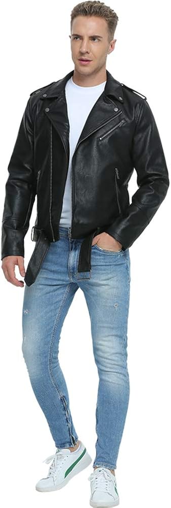 Fahsyee Leather Jackets for Men, Faux Bomber Jacket Men Motorcycle Lapel Asymmetric Zip-Up Blet Slim Fit Biker Coat