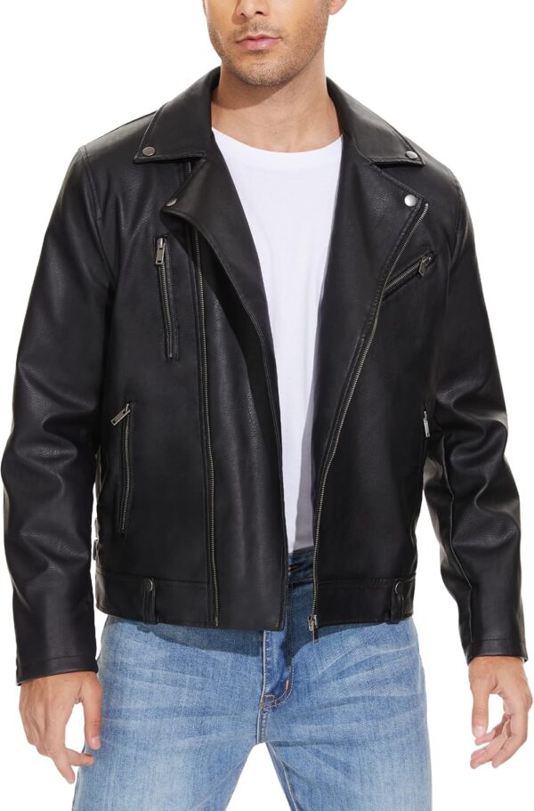 Fahsyee Leather Jackets for Men, Faux Bomber Jacket Men Motorcycle Lapel Asymmetric Zip-Up Blet Slim Fit Biker Coat