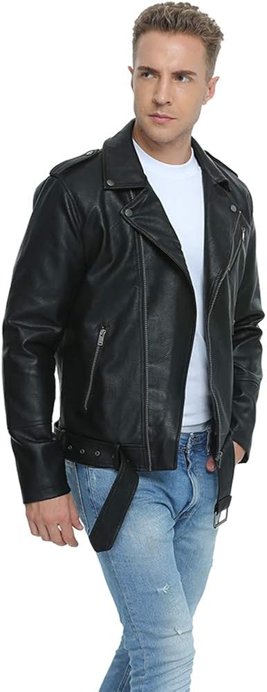 Fahsyee Leather Jackets for Men, Faux Bomber Jacket Men Motorcycle Lapel Asymmetric Zip-Up Blet Slim Fit Biker Coat