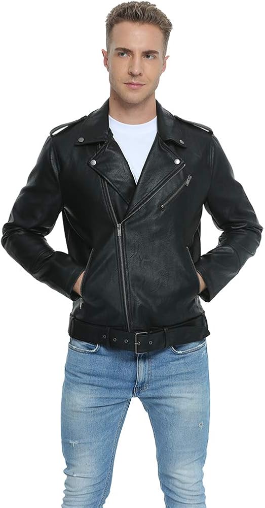 Fahsyee Leather Jackets for Men, Faux Bomber Jacket Men Motorcycle Lapel Asymmetric Zip-Up Blet Slim Fit Biker Coat