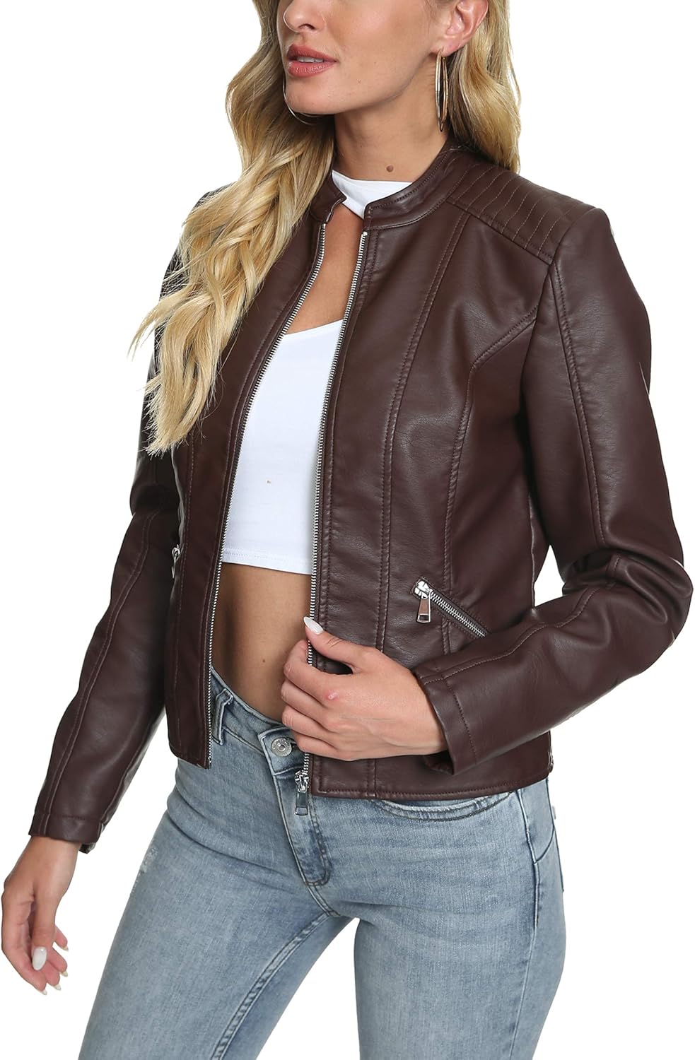 Fahsyee Women's Faux Leather Jackets, Zip Up Motorcycle Short PU Moto Biker Outwear Fitted Slim Coat
