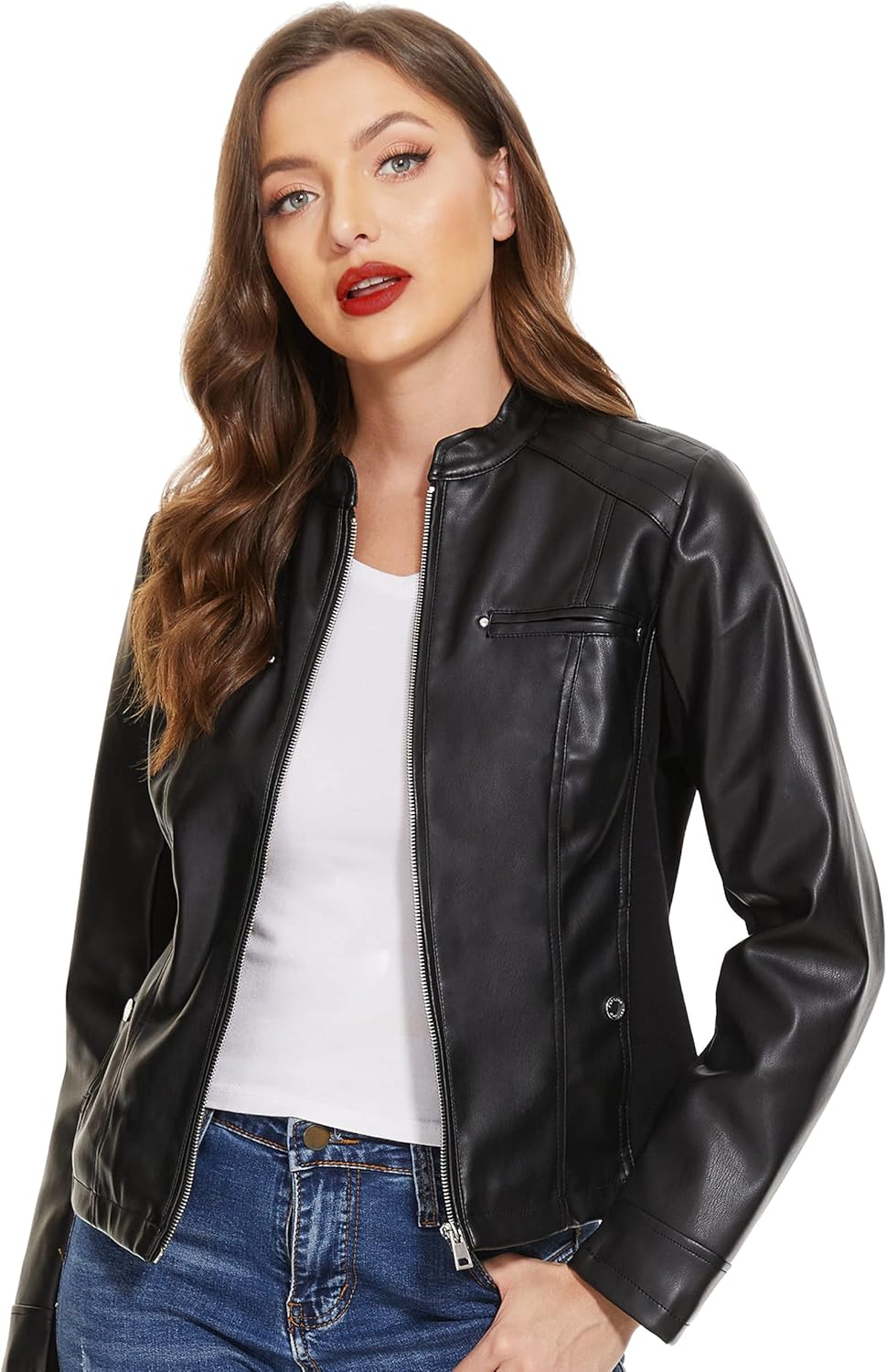 Fahsyee Women's Faux Leather Jackets, Zip Up Motorcycle Short PU Moto Biker Outwear Fitted Slim Coat