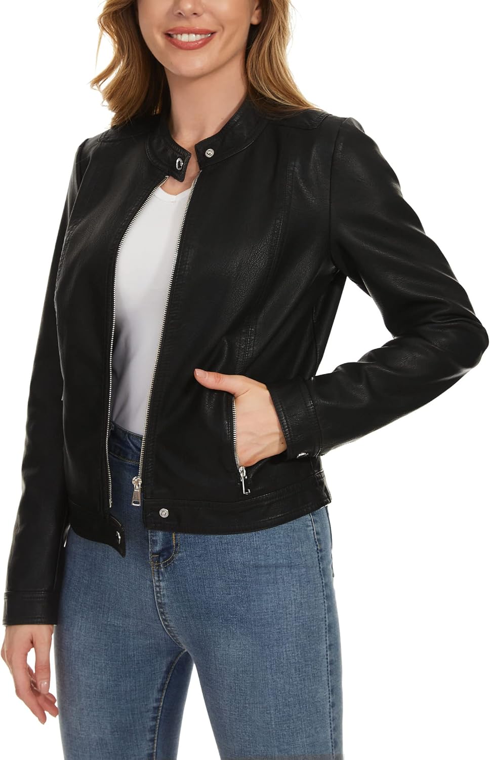 Fahsyee Women's Faux Leather Jackets, Zip Up Motorcycle Short PU Moto Biker Outwear Fitted Slim Coat