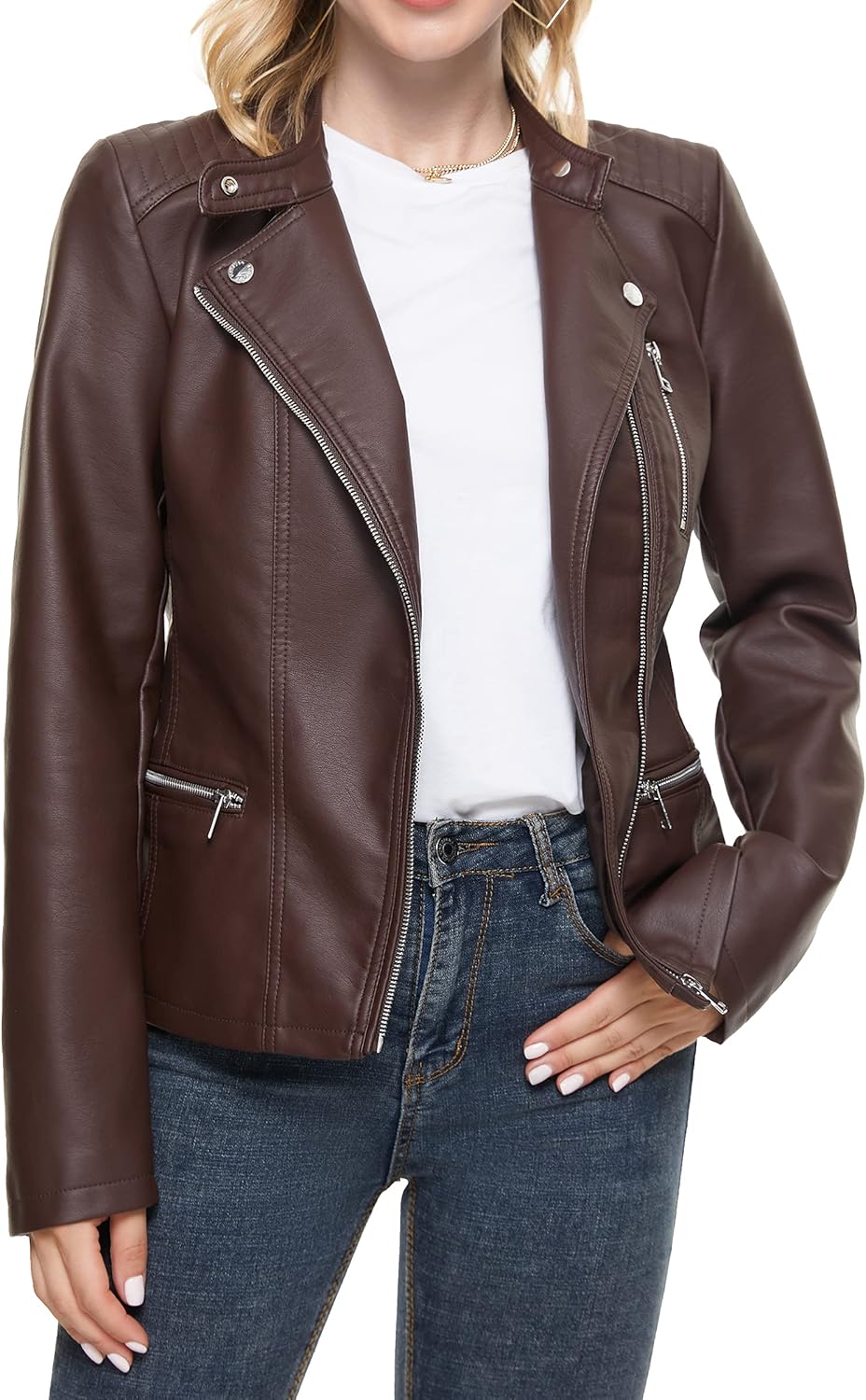 Fahsyee Women's Faux Leather Jackets, Zip Up Motorcycle Short PU Moto Biker Outwear Fitted Slim Coat