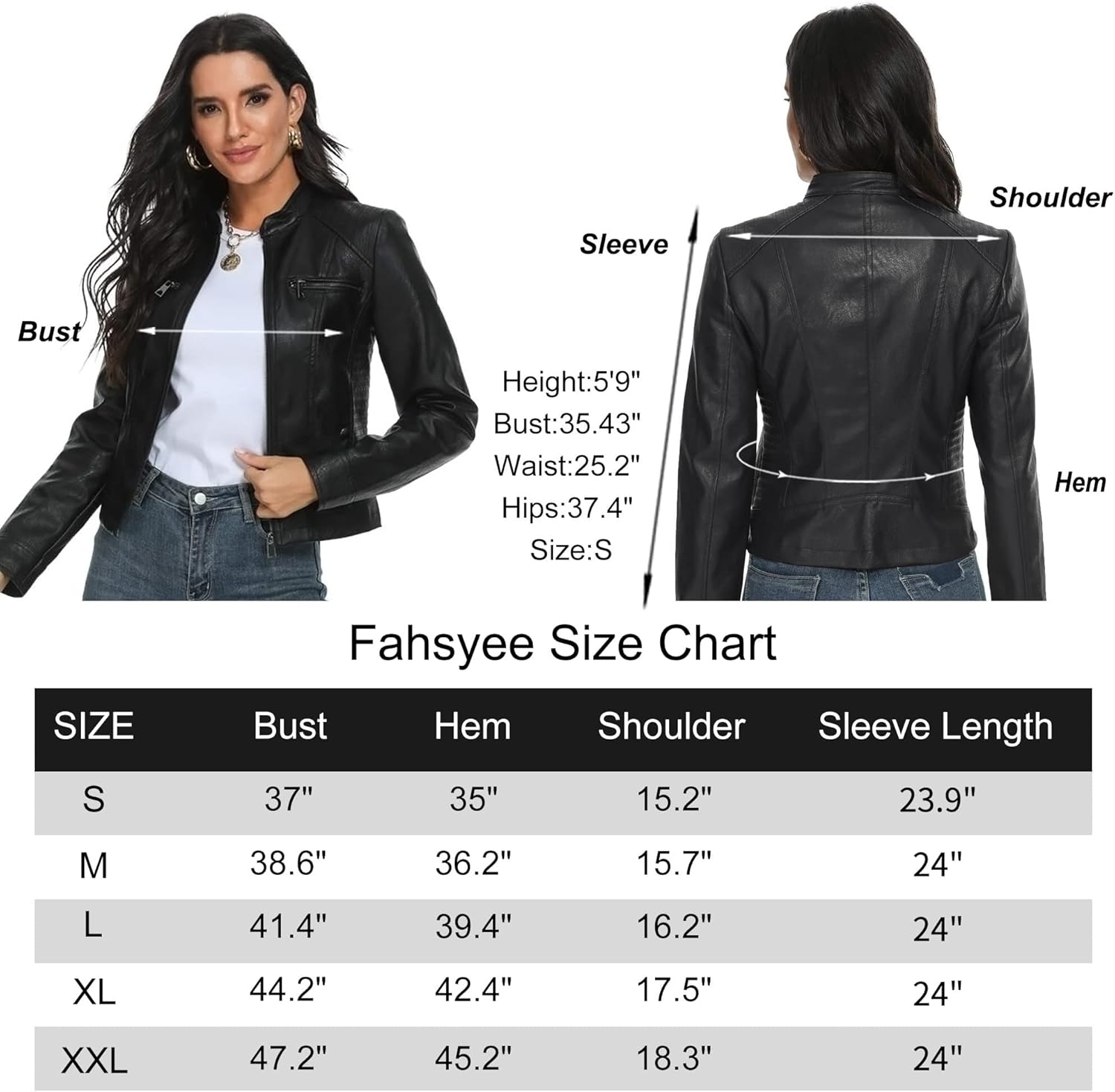 Fahsyee Women's Faux Leather Jackets, Zip Up Motorcycle Short PU Moto Biker Outwear Fitted Slim Coat