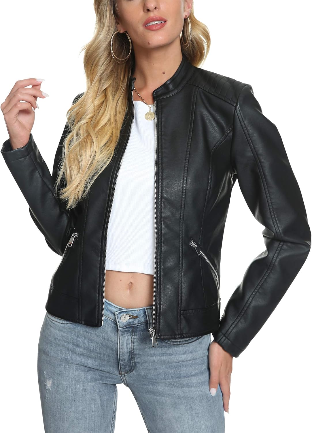 Fahsyee Women's Faux Leather Jackets, Zip Up Motorcycle Short PU Moto Biker Outwear Fitted Slim Coat