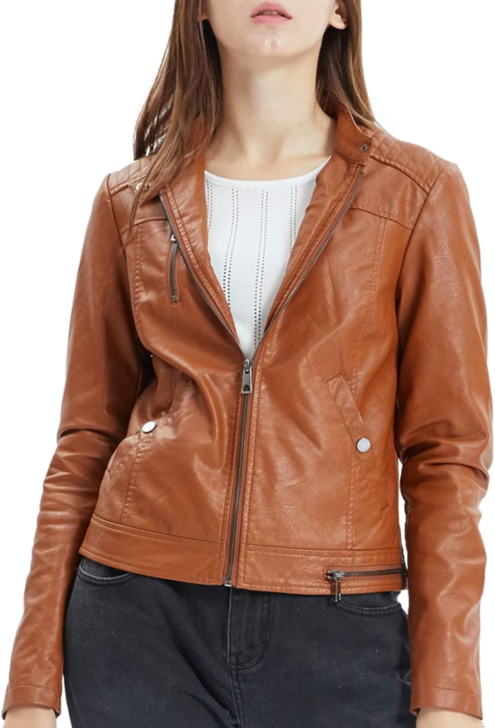 Fahsyee Women's Faux Leather Jackets, Zip Up Motorcycle Short PU Moto Biker Outwear Fitted Slim Coat