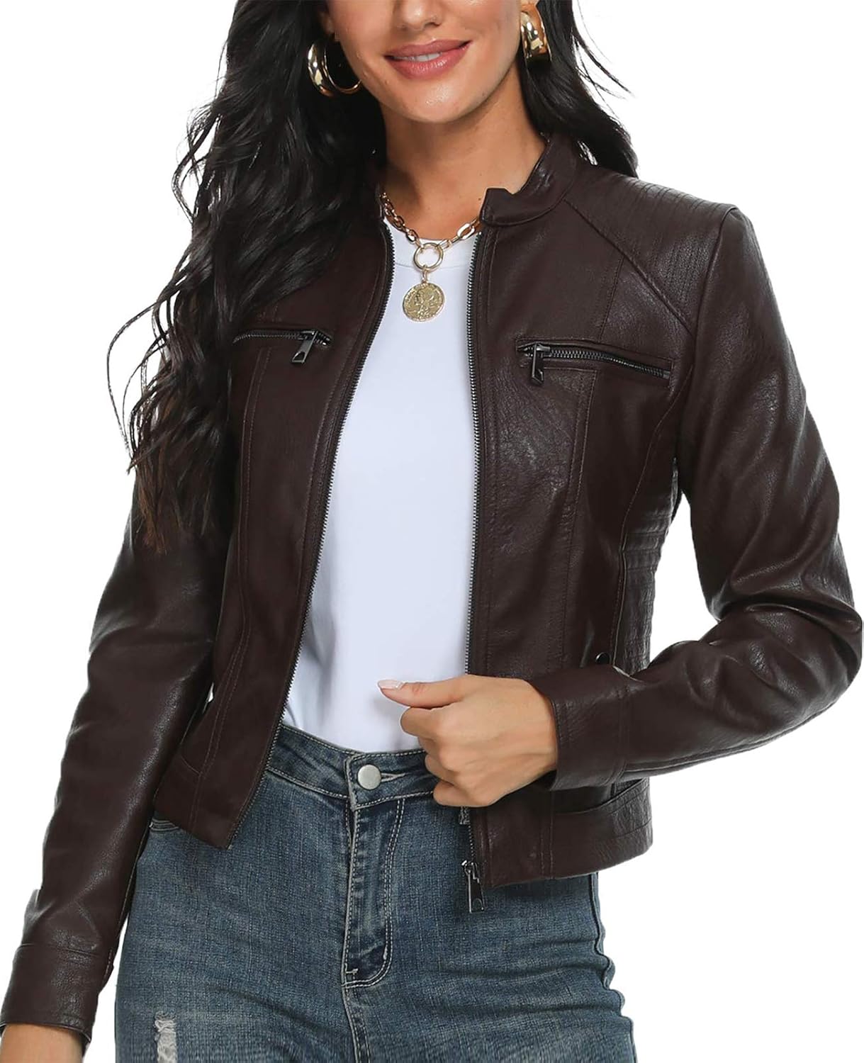 Fahsyee Women's Faux Leather Jackets, Zip Up Motorcycle Short PU Moto Biker Outwear Fitted Slim Coat