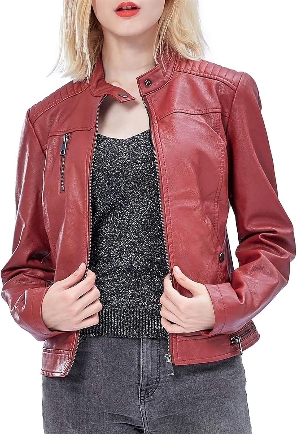 Fahsyee Women's Faux Leather Jackets, Zip Up Motorcycle Short PU Moto Biker Outwear Fitted Slim Coat