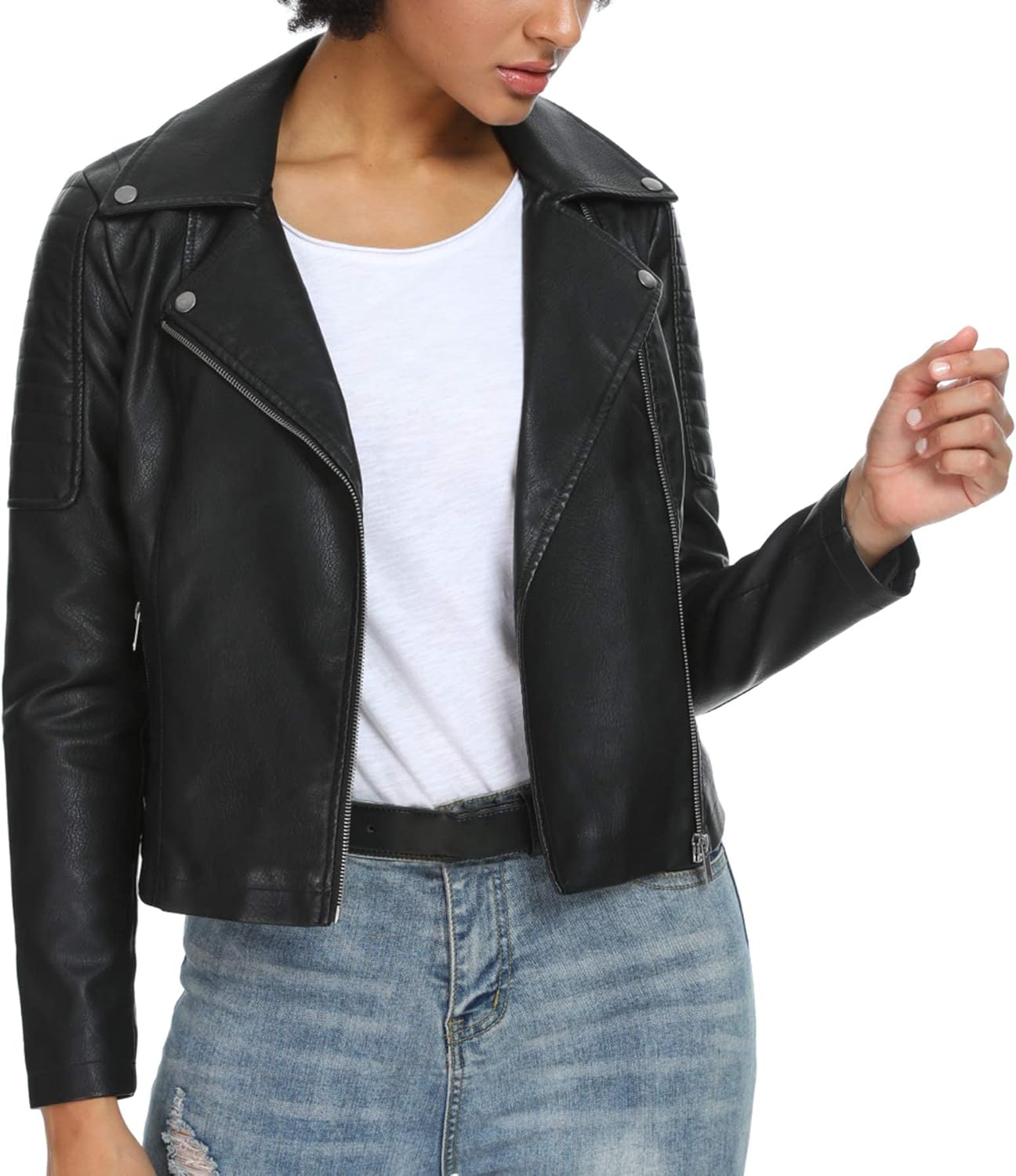 Fahsyee Women's Faux Leather Jackets, Zip Up Motorcycle Short PU Moto Biker Outwear Fitted Slim Coat